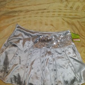 Satiny silver sequin embellished pleatedmini skirt
